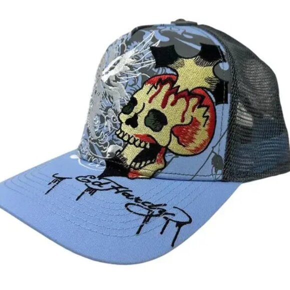 Ed Hardy Trucker Hat Embroidered Tattoo Eagle Skull Blue Sky Mesh Snapback Cap - Picture 1 of 5